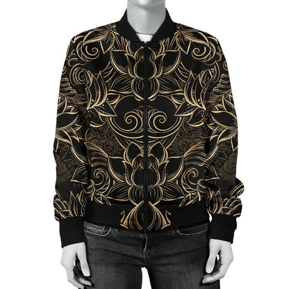 Lotus Gold Mandala Design Themed Women Casual Bomber Jacket