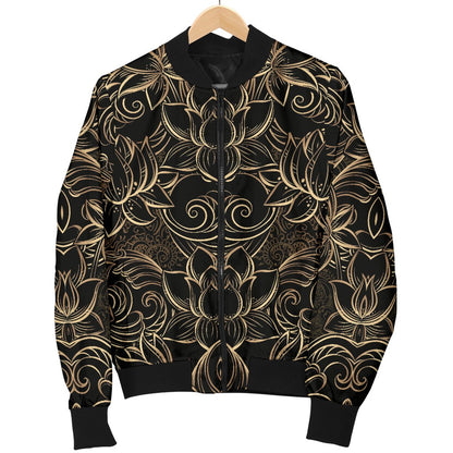 Lotus Gold Mandala Design Themed Women Casual Bomber Jacket