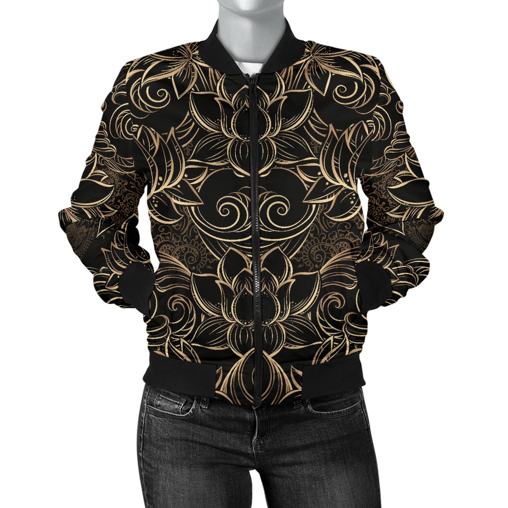 Lotus Gold Mandala Design Themed Women Casual Bomber Jacket