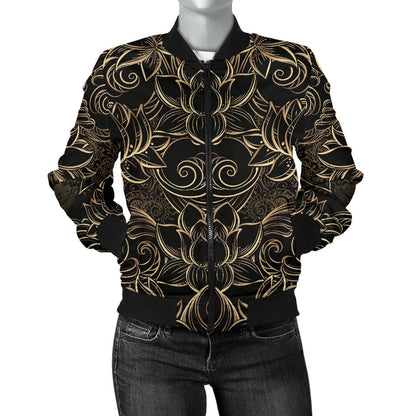 Lotus Gold Mandala Design Themed Women Casual Bomber Jacket