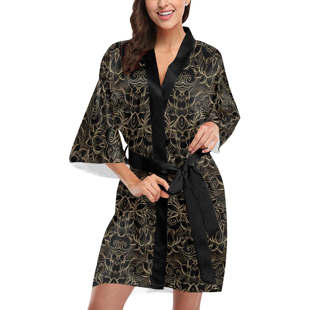 Lotus Gold Mandala Design Themed Women Short Kimono Robe