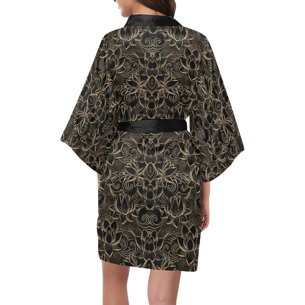 Lotus Gold Mandala Design Themed Women Short Kimono Robe