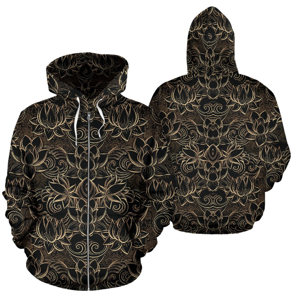 Lotus Gold Mandala Design Themed Zip Up Hoodie
