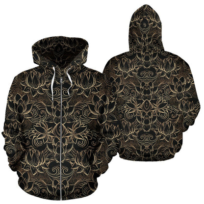 Lotus Gold Mandala Design Themed Zip Up Hoodie