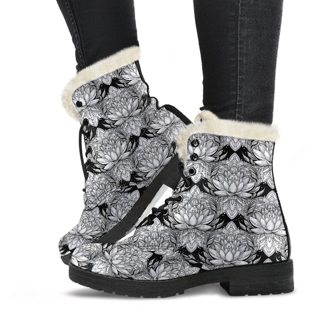 Lotus Mandala Print Pattern Faux Fur Leather Boots-JTAMIGO.COM
