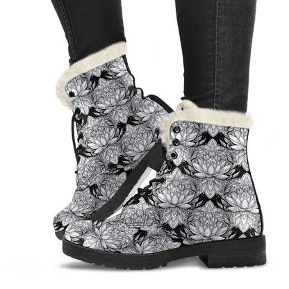 Lotus Mandala Print Pattern Faux Fur Leather Boots-JTAMIGO.COM