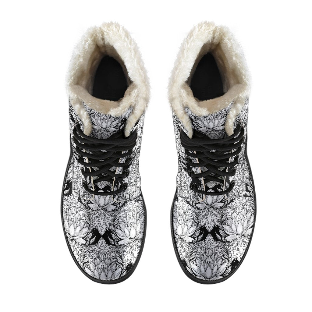 Lotus Mandala Print Pattern Faux Fur Leather Boots-JTAMIGO.COM