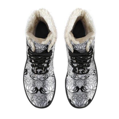 Lotus Mandala Print Pattern Faux Fur Leather Boots-JTAMIGO.COM