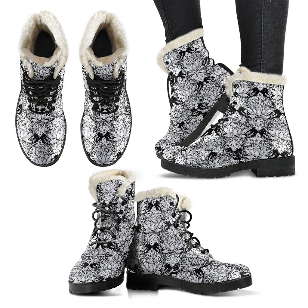 Lotus Mandala Print Pattern Faux Fur Leather Boots-JTAMIGO.COM