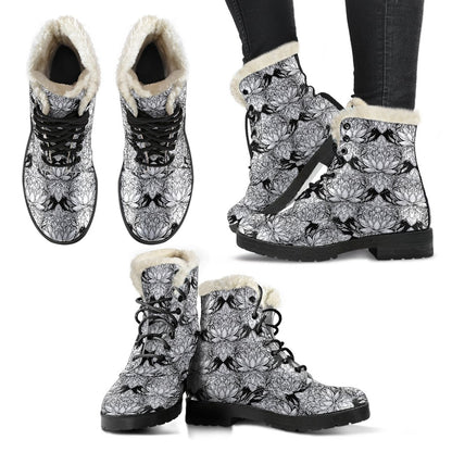Lotus Mandala Print Pattern Faux Fur Leather Boots-JTAMIGO.COM