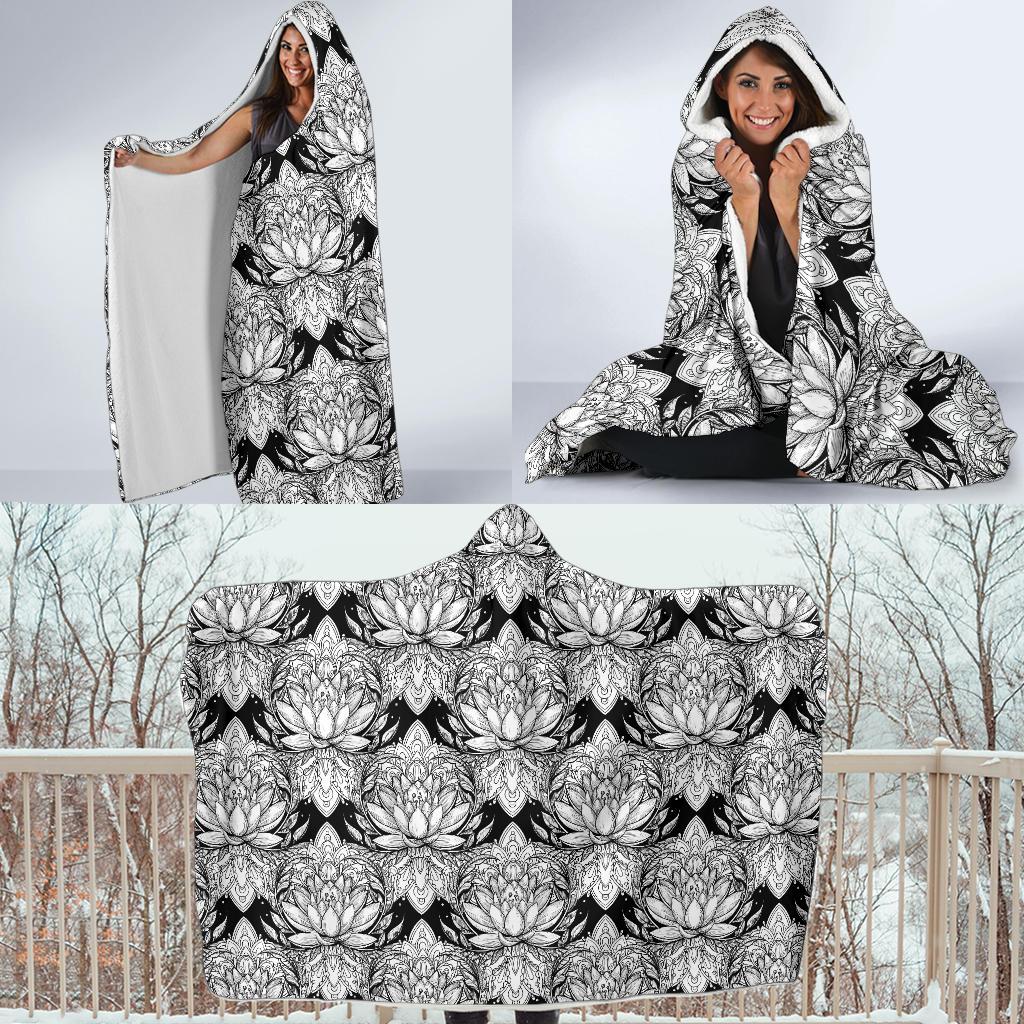 Lotus Mandala Print Pattern Hooded Blanket-JTAMIGO.COM
