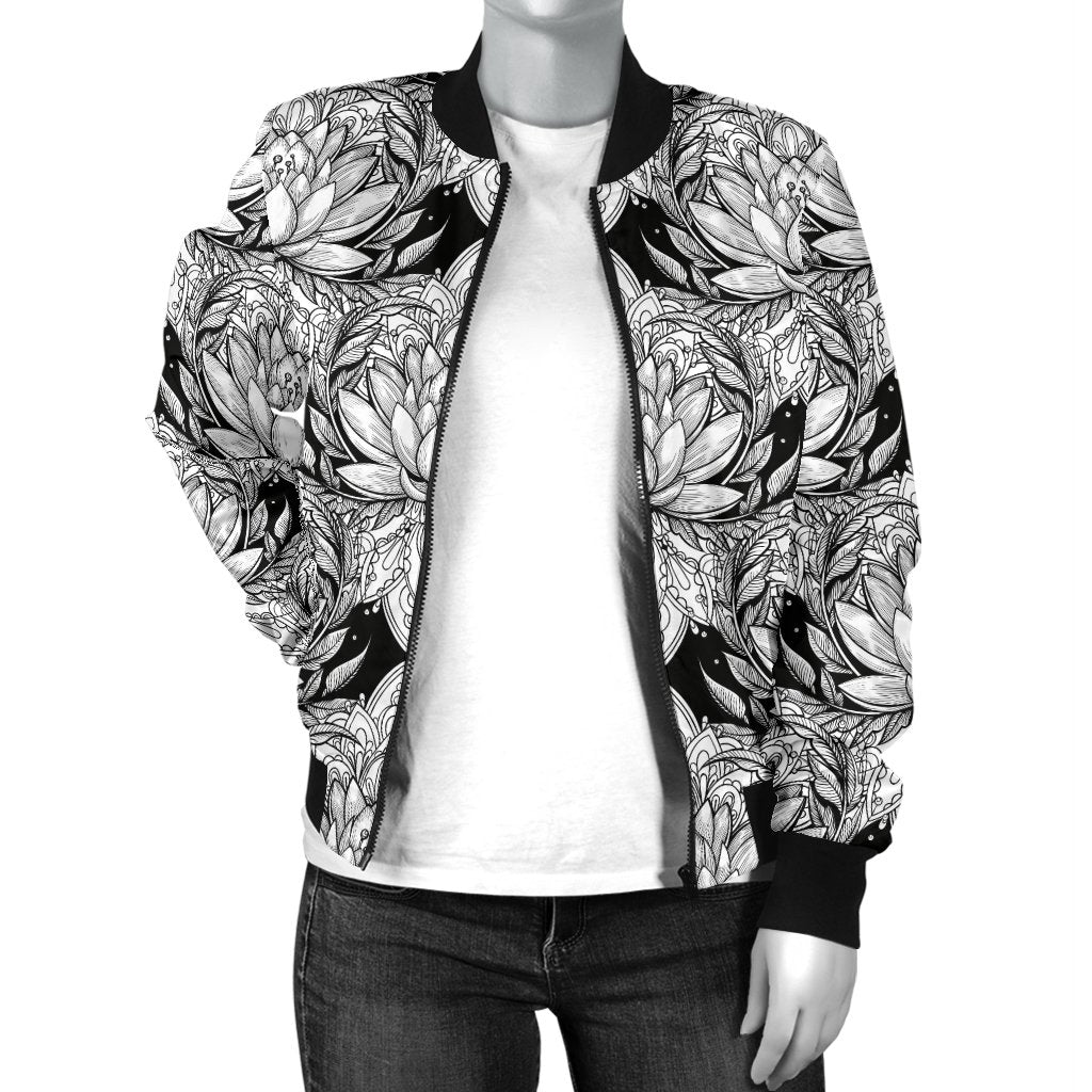 Lotus Mandala Print Pattern Women Casual Bomber Jacket