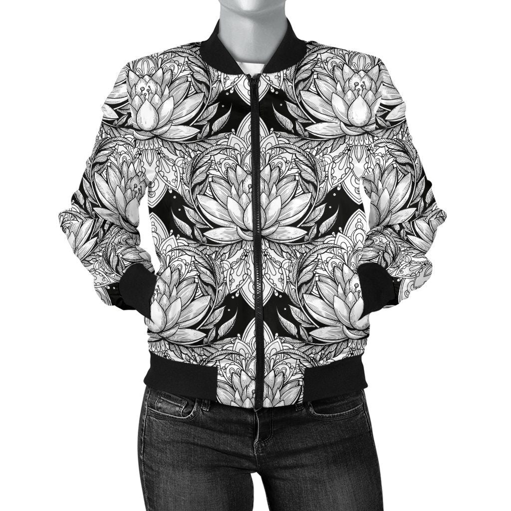 Lotus Mandala Print Pattern Women Casual Bomber Jacket