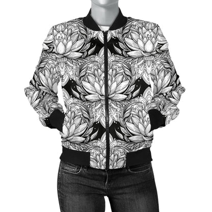 Lotus Mandala Print Pattern Women Casual Bomber Jacket