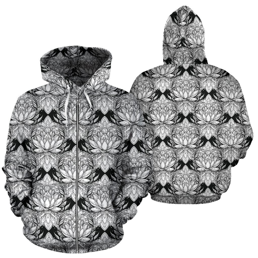 Lotus Mandala Print Pattern Zip Up Hoodie