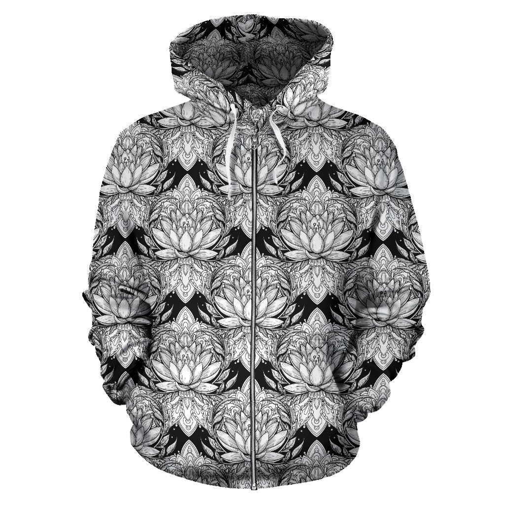 Lotus Mandala Print Pattern Zip Up Hoodie