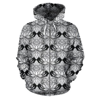 Lotus Mandala Print Pattern Zip Up Hoodie