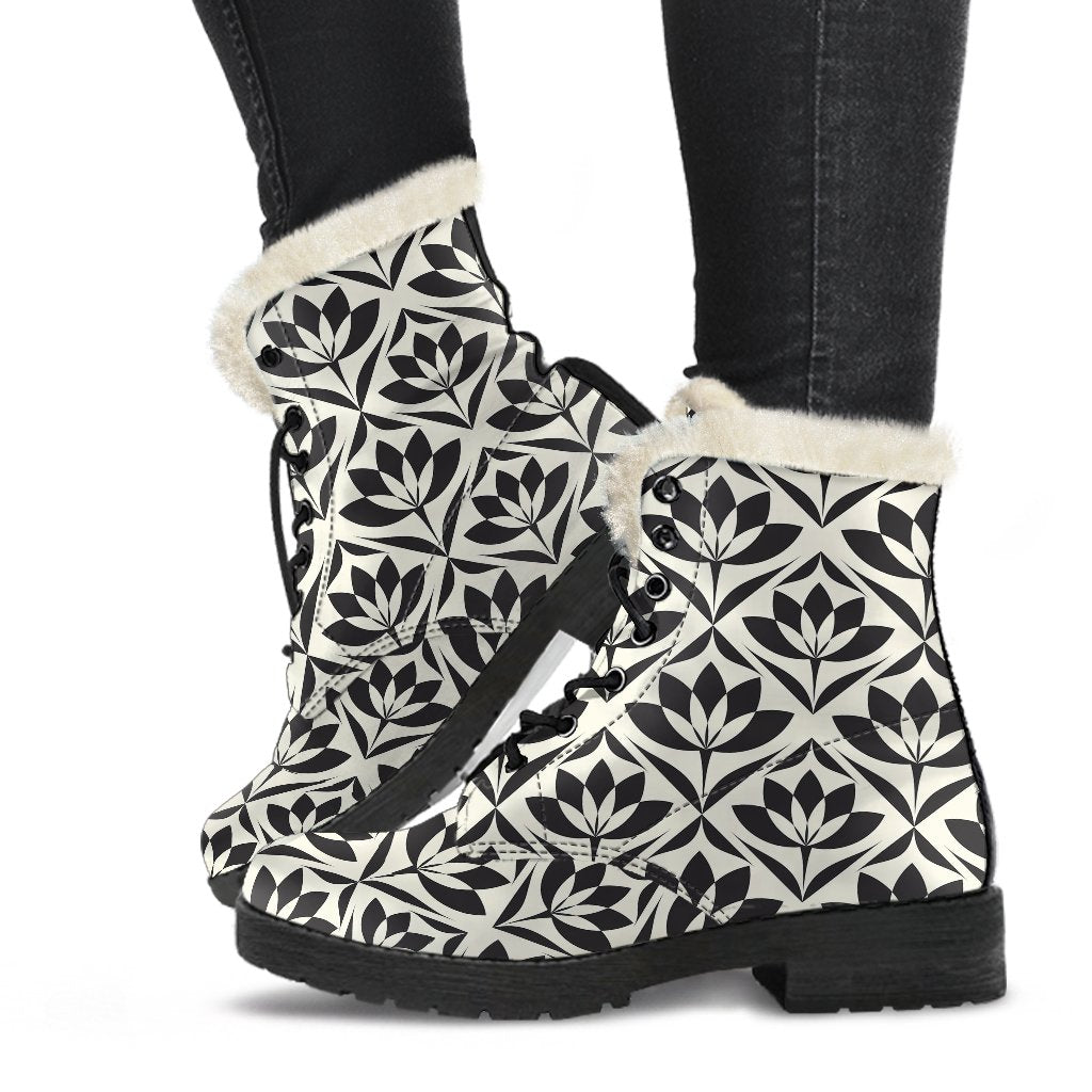 Lotus Pattern Print Faux Fur Leather Boots-JTAMIGO.COM