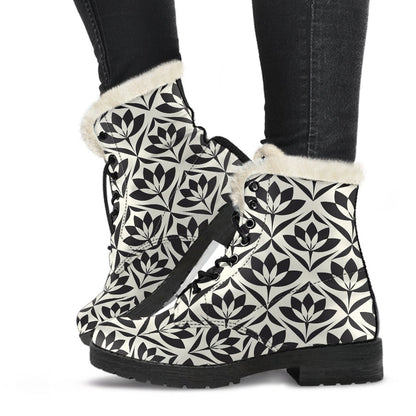 Lotus Pattern Print Faux Fur Leather Boots-JTAMIGO.COM