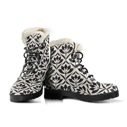 Lotus Pattern Print Faux Fur Leather Boots-JTAMIGO.COM