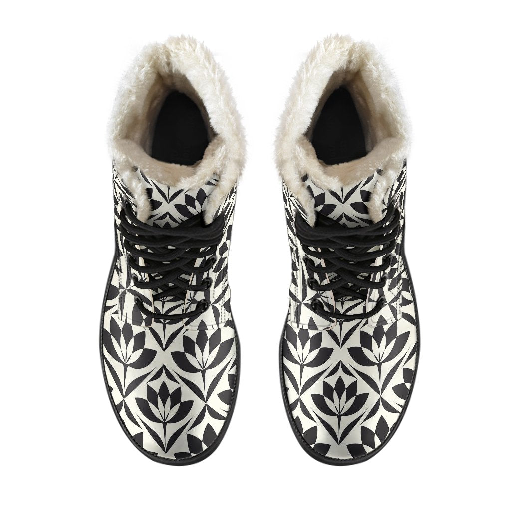 Lotus Pattern Print Faux Fur Leather Boots-JTAMIGO.COM