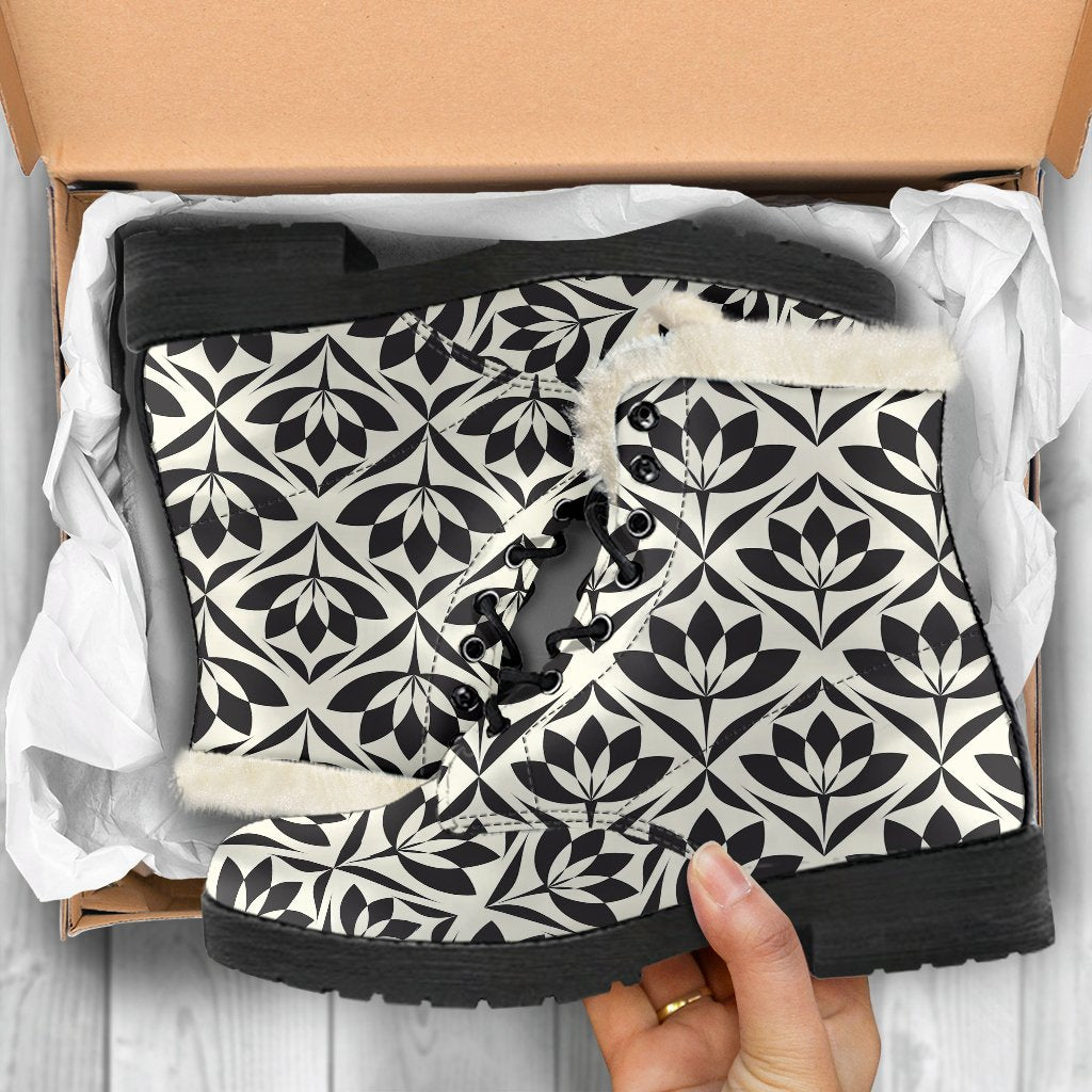 Lotus Pattern Print Faux Fur Leather Boots-JTAMIGO.COM
