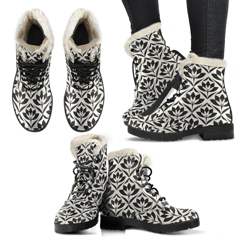 Lotus Pattern Print Faux Fur Leather Boots-JTAMIGO.COM