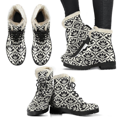 Lotus Pattern Print Faux Fur Leather Boots-JTAMIGO.COM
