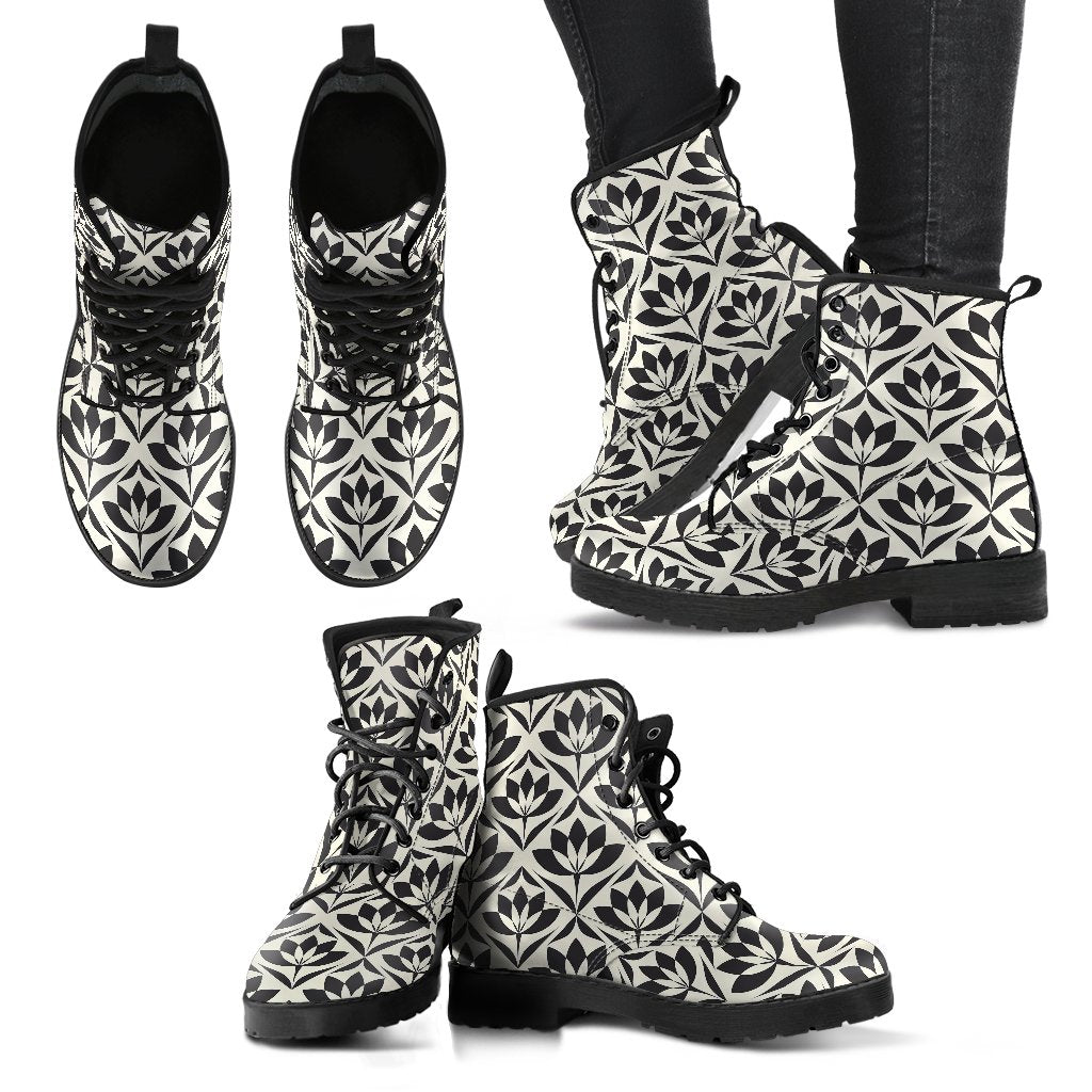 Lotus Pattern Print Women Leather Boots-JTAMIGO.COM
