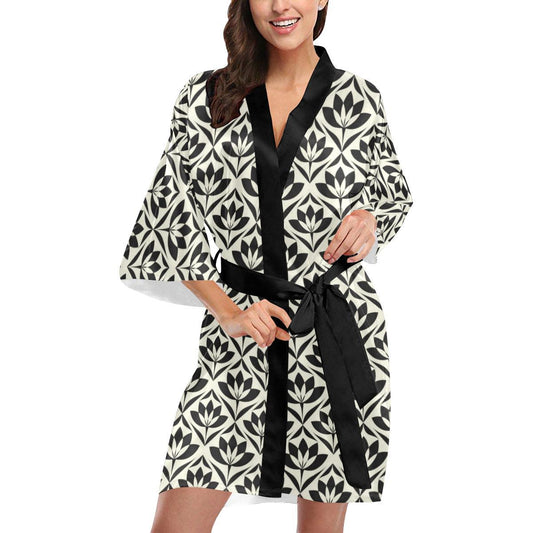 Lotus Pattern Print Women Short Kimono Robe