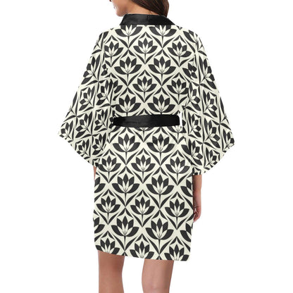 Lotus Pattern Print Women Short Kimono Robe