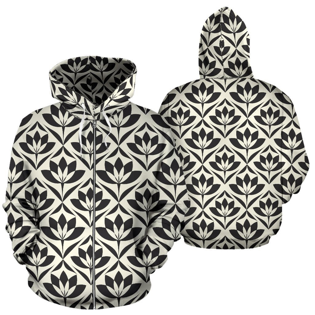 Lotus Pattern Print Zip Up Hoodie