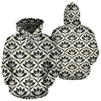 Lotus Pattern Print Zip Up Hoodie