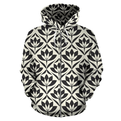 Lotus Pattern Print Zip Up Hoodie