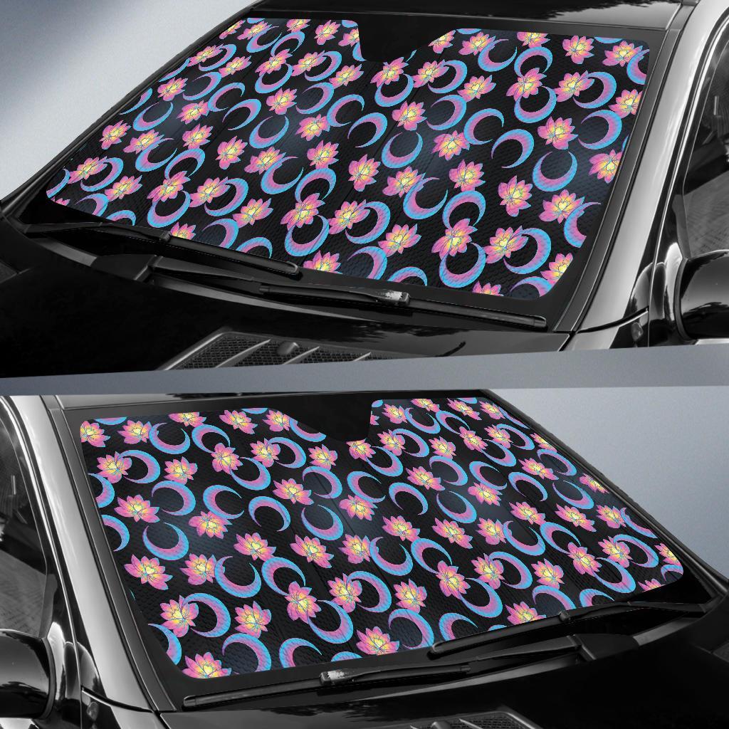 Lotus with Moon Pink Print Themed Car Sun Shade For Windshield