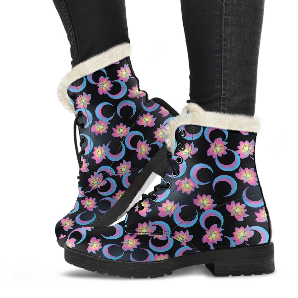 Lotus with Moon Pink Print Themed Faux Fur Leather Boots-JTAMIGO.COM