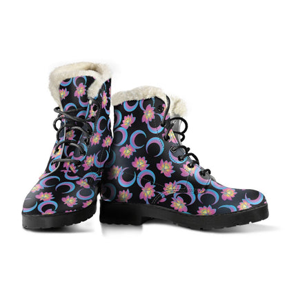 Lotus with Moon Pink Print Themed Faux Fur Leather Boots-JTAMIGO.COM