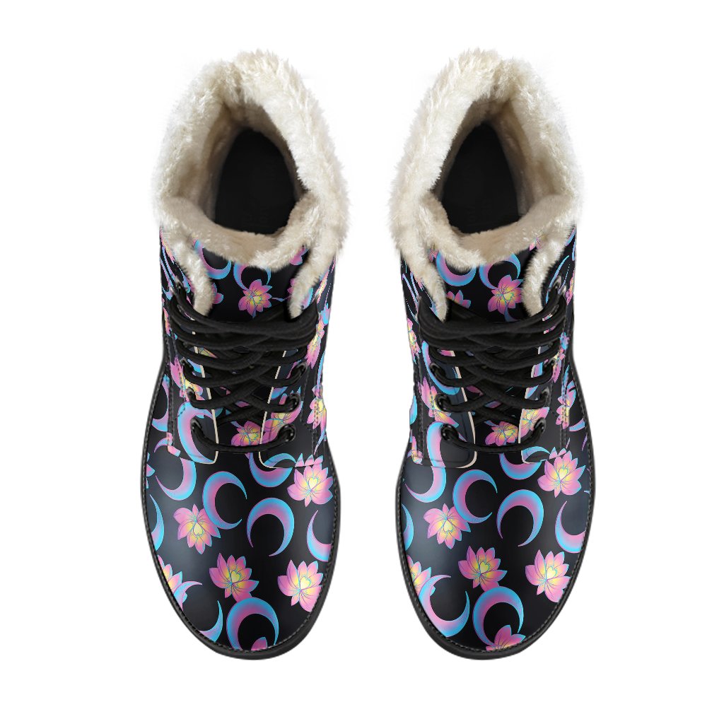 Lotus with Moon Pink Print Themed Faux Fur Leather Boots-JTAMIGO.COM