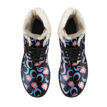 Lotus with Moon Pink Print Themed Faux Fur Leather Boots-JTAMIGO.COM