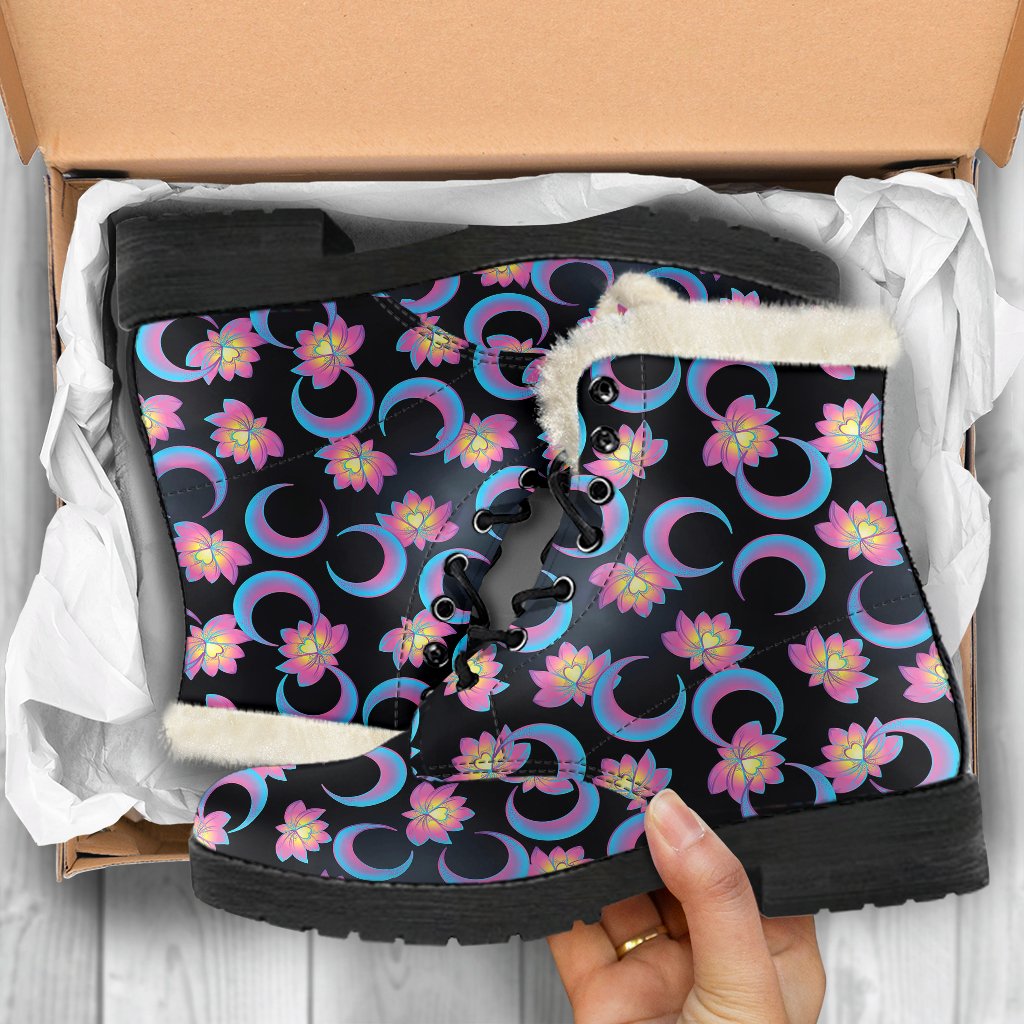 Lotus with Moon Pink Print Themed Faux Fur Leather Boots-JTAMIGO.COM