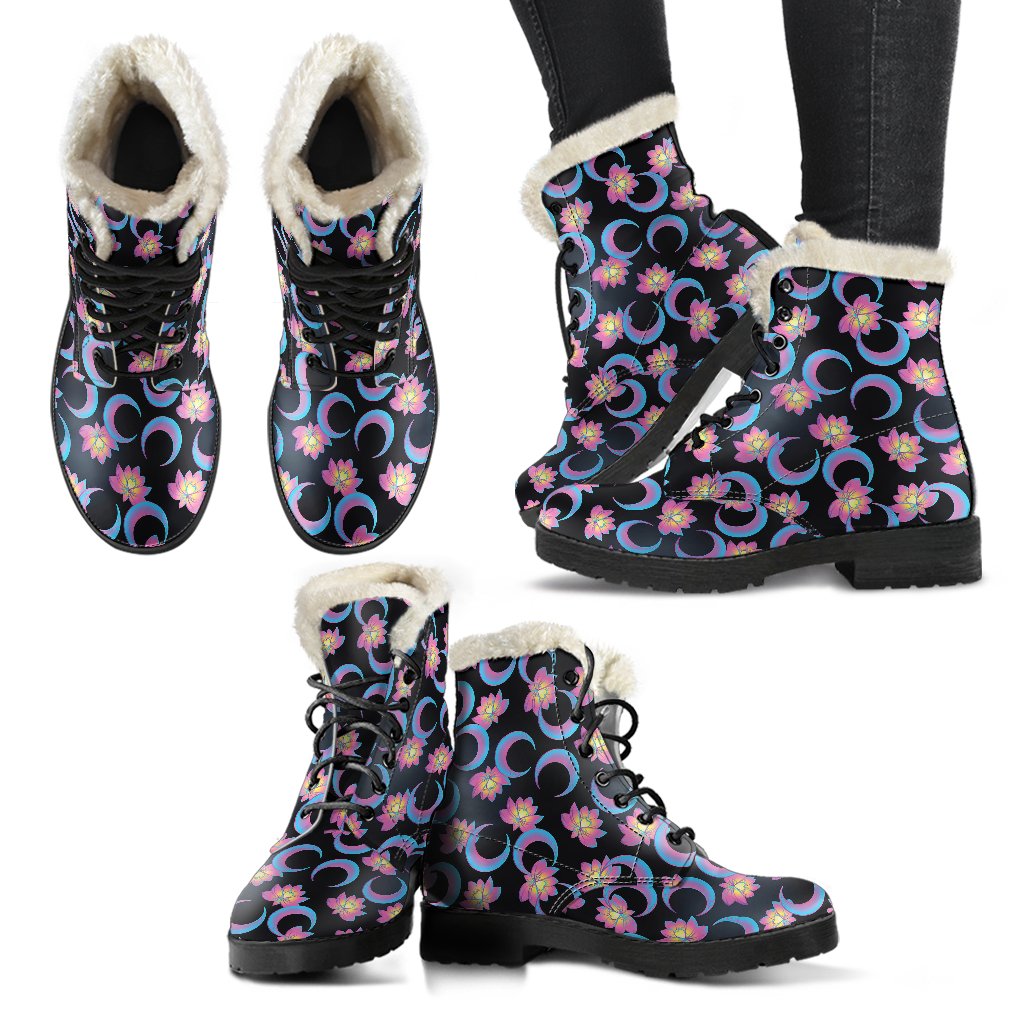 Lotus with Moon Pink Print Themed Faux Fur Leather Boots-JTAMIGO.COM