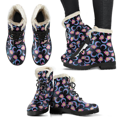 Lotus with Moon Pink Print Themed Faux Fur Leather Boots-JTAMIGO.COM