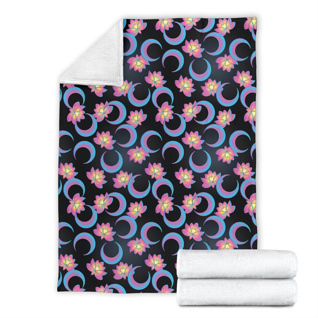 Lotus With Moon Pink Print Themed Fleece Blanket