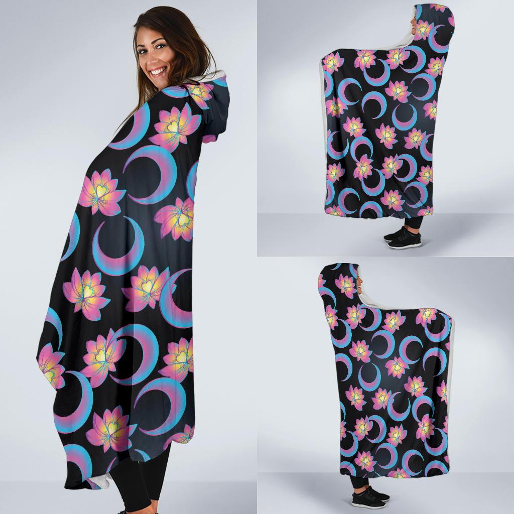 Lotus with Moon Pink Print Themed Hooded Blanket-JTAMIGO.COM