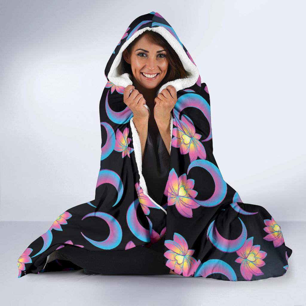 Lotus with Moon Pink Print Themed Hooded Blanket-JTAMIGO.COM