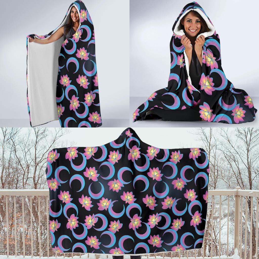 Lotus with Moon Pink Print Themed Hooded Blanket-JTAMIGO.COM