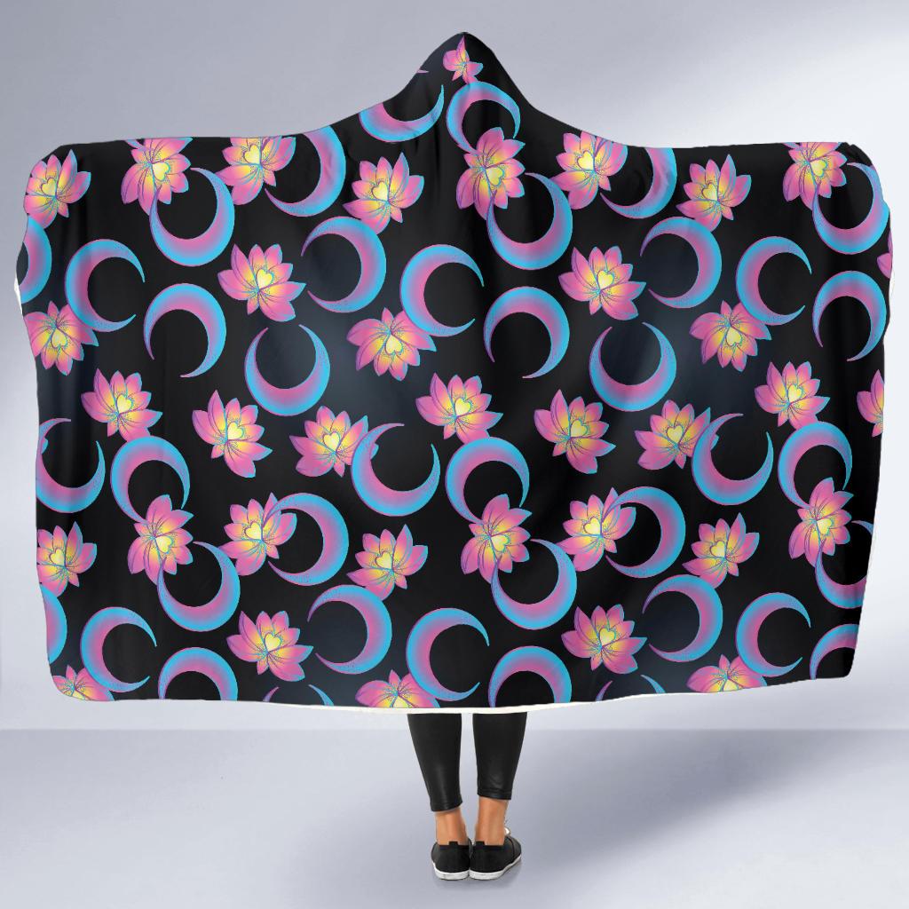 Lotus with Moon Pink Print Themed Hooded Blanket-JTAMIGO.COM
