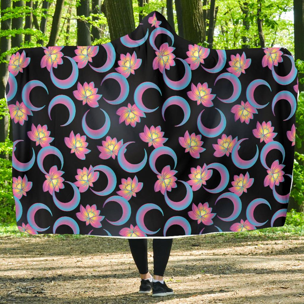 Lotus with Moon Pink Print Themed Hooded Blanket-JTAMIGO.COM