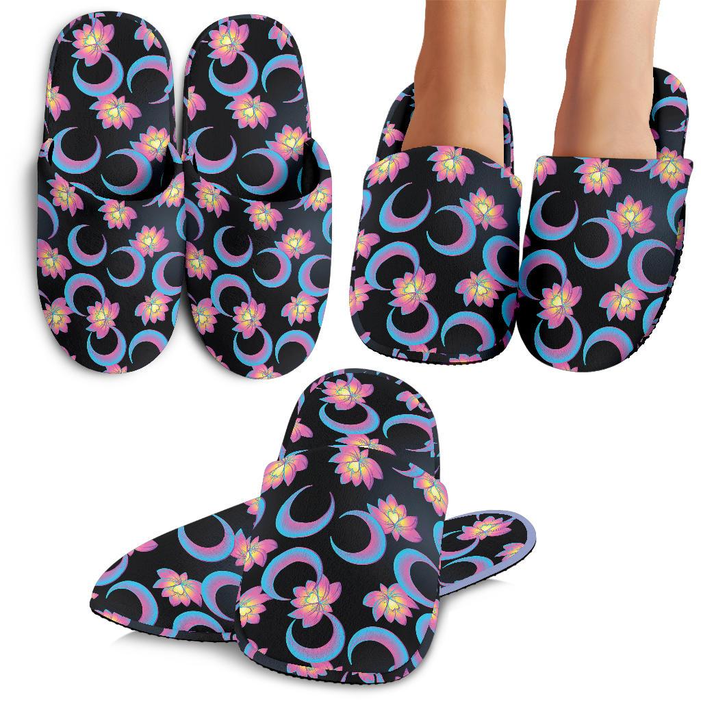 Lotus with Moon Pink Print Themed House Slippers