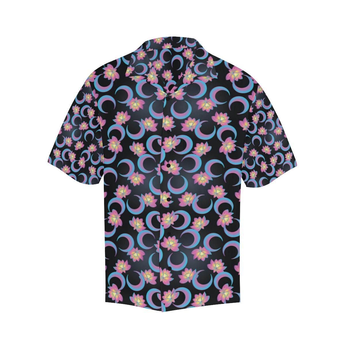 Lotus with Moon Pink Print Themed Men Aloha Hawaiian Shirt